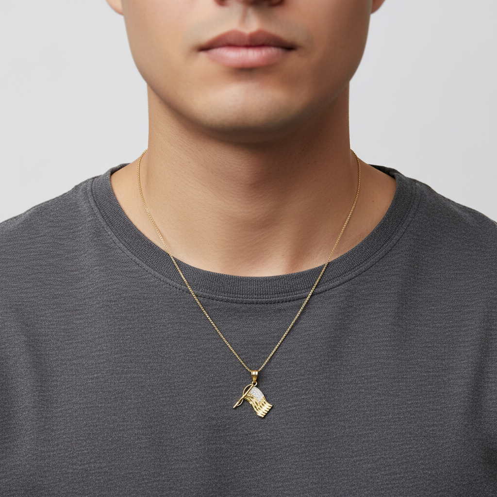 14K Yellow Gold "God Bless America" American Flag Pendant