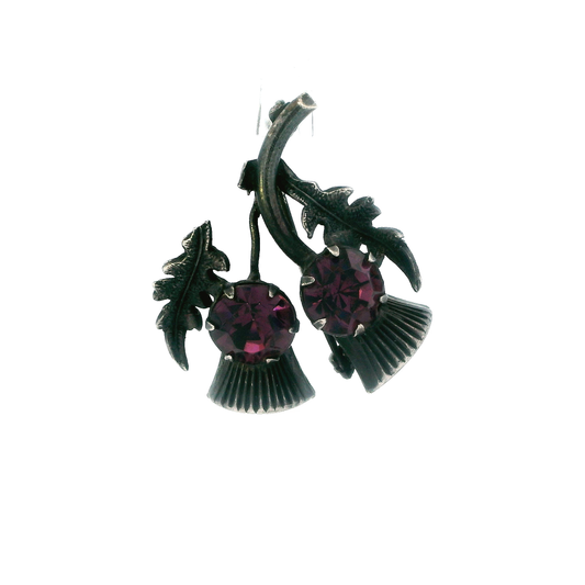 Vintage Silver Scottish Thistle Brooch With Purple Rhinestones By Ward Brothers