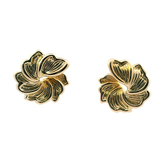 14K Yellow Gold Hollow Spiral Flower Earrings