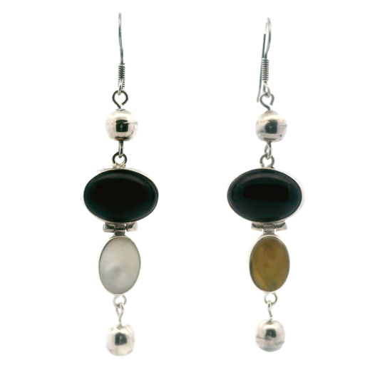 Taxco Silver Dangle Bezel Black Onyx & MOP Earring Set