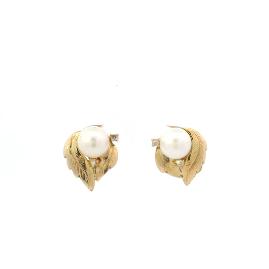 14K Yellow Gold Diamond & Pearl Earrings-0.06ct
