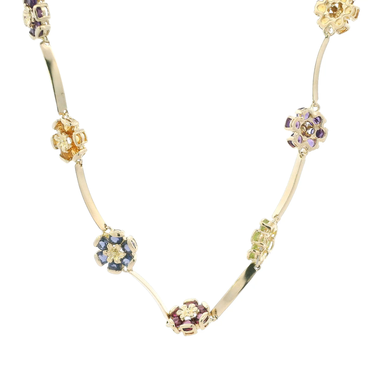 14K Yellow Gold Colorful Topaz Flowers & Curved Black Bar Link Necklace