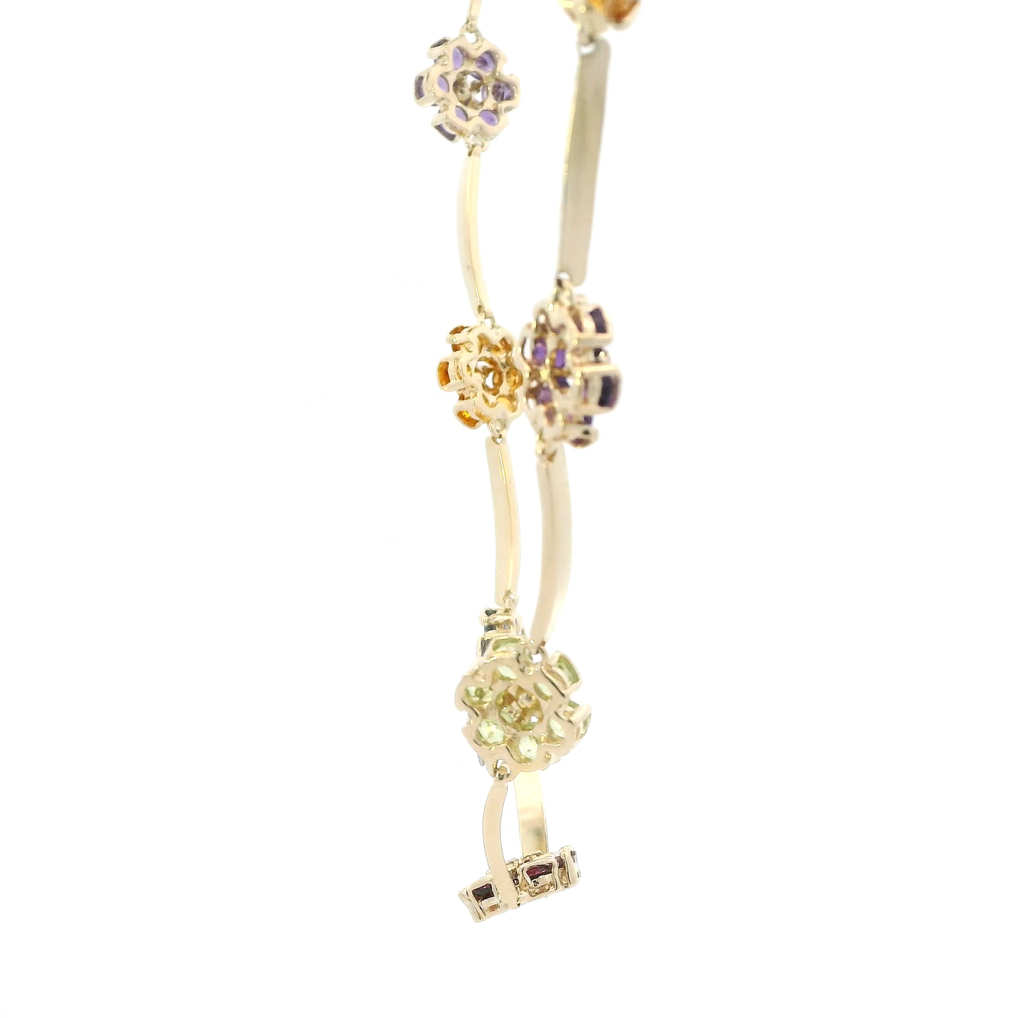 14K Yellow Gold Colorful Topaz Flowers & Curved Black Bar Link Necklace