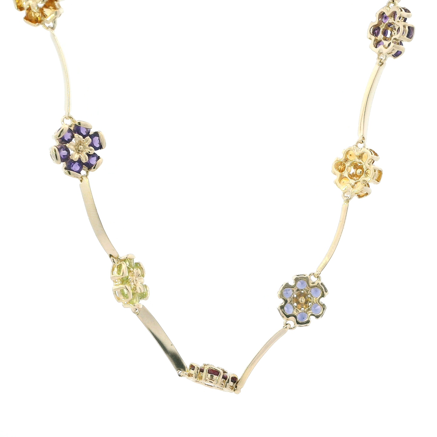 14K Yellow Gold Colorful Topaz Flowers & Curved Black Bar Link Necklace
