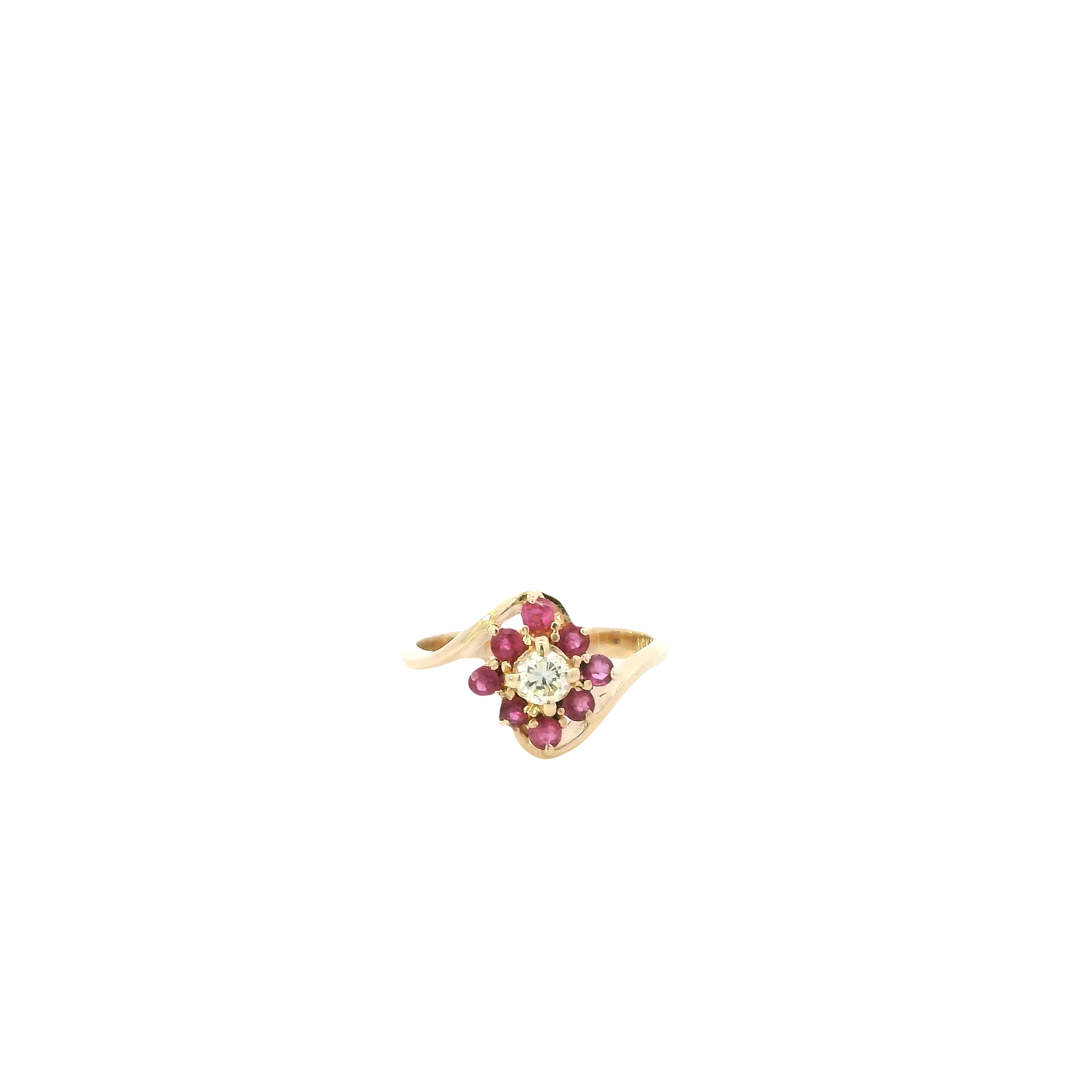 14K Yellow Gold Diamond & Ruby Flower Women's Ring -0.15ct