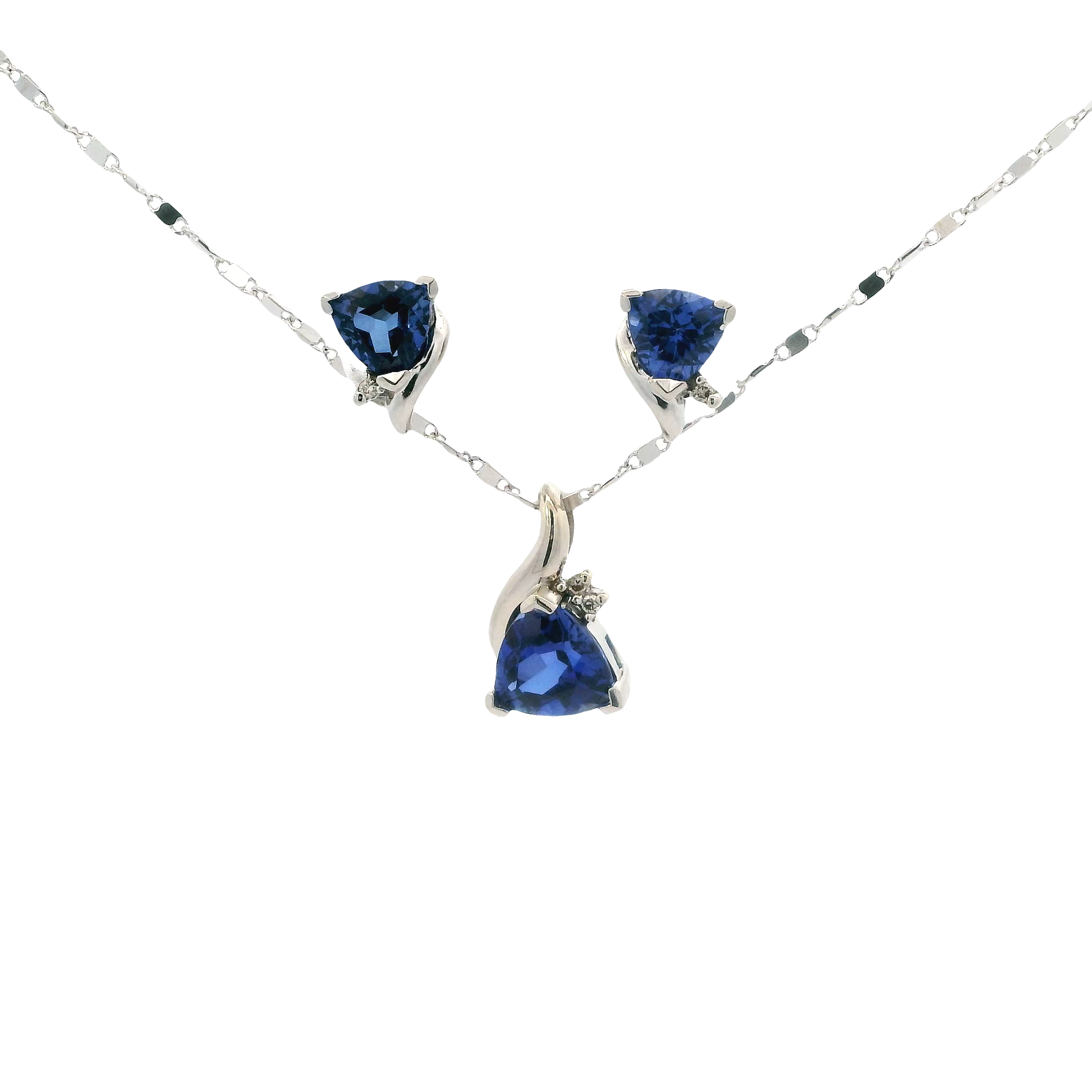 14K White Gold Trillion Blue Sapphire & Diamond Matching Earring, Pendant, And Ring Set -0.03ct