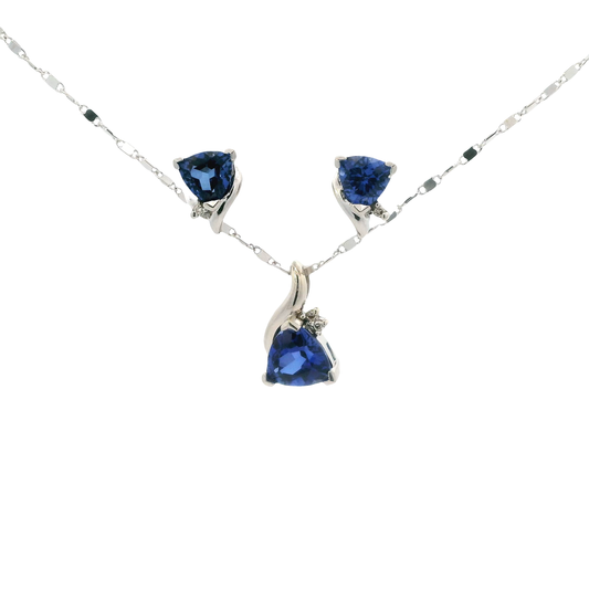 14K White Gold Trillion Blue Sapphire & Diamond Matching Earring, Pendant, And Ring Set -0.03ct