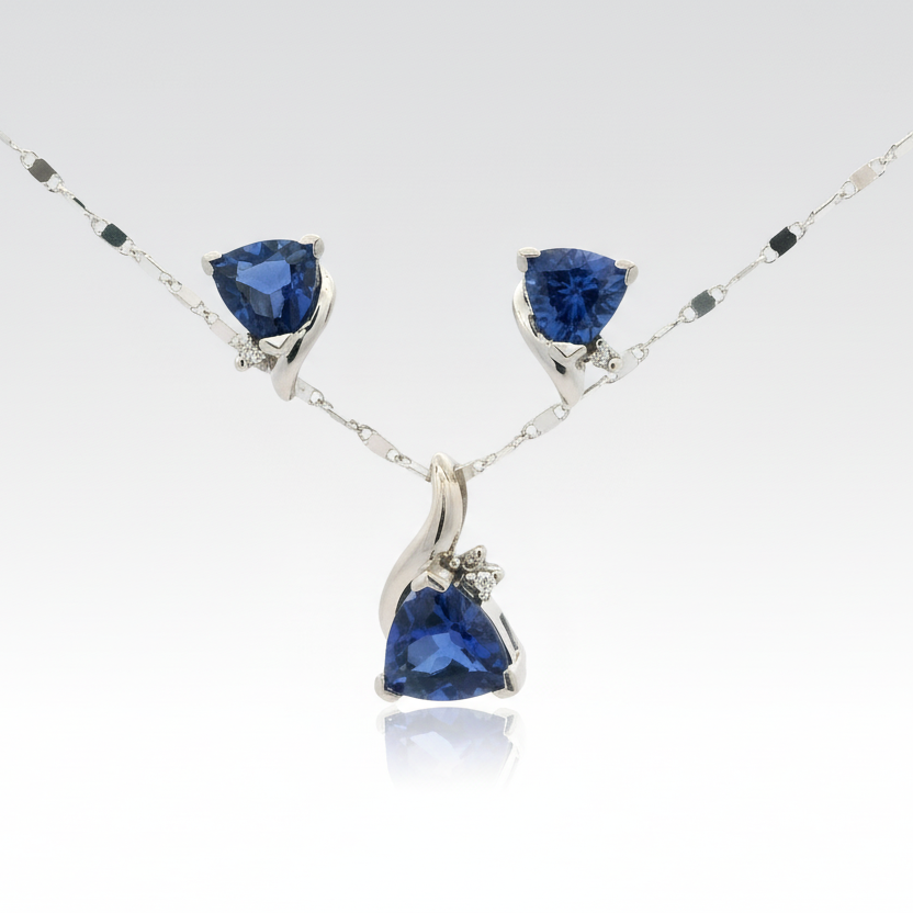 14K White Gold Sapphire & Diamond Matching Jewelry Set - 0.03ct