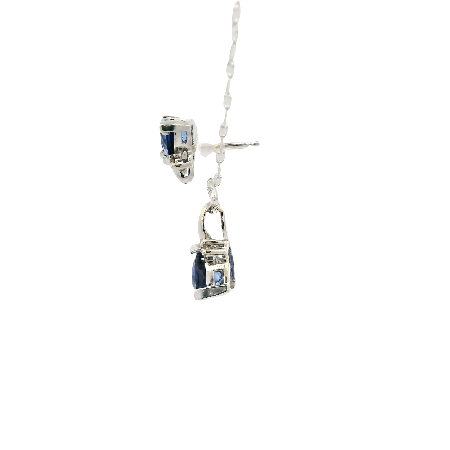 14K White Gold Trillion Blue Sapphire & Diamond Matching Earring, Pendant, And Ring Set -0.03ct