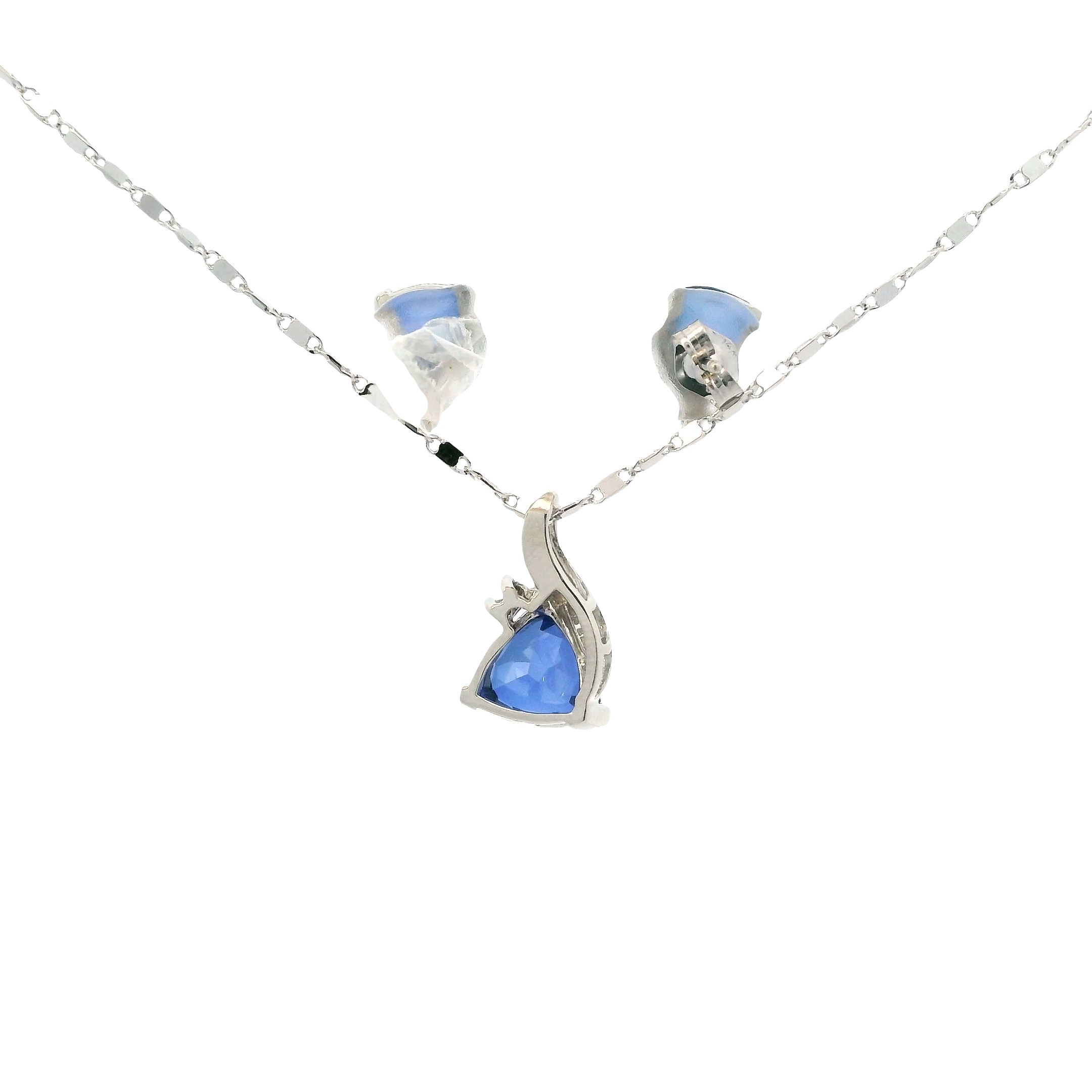 14K White Gold Trillion Blue Sapphire & Diamond Matching Earring, Pendant, And Ring Set -0.03ct