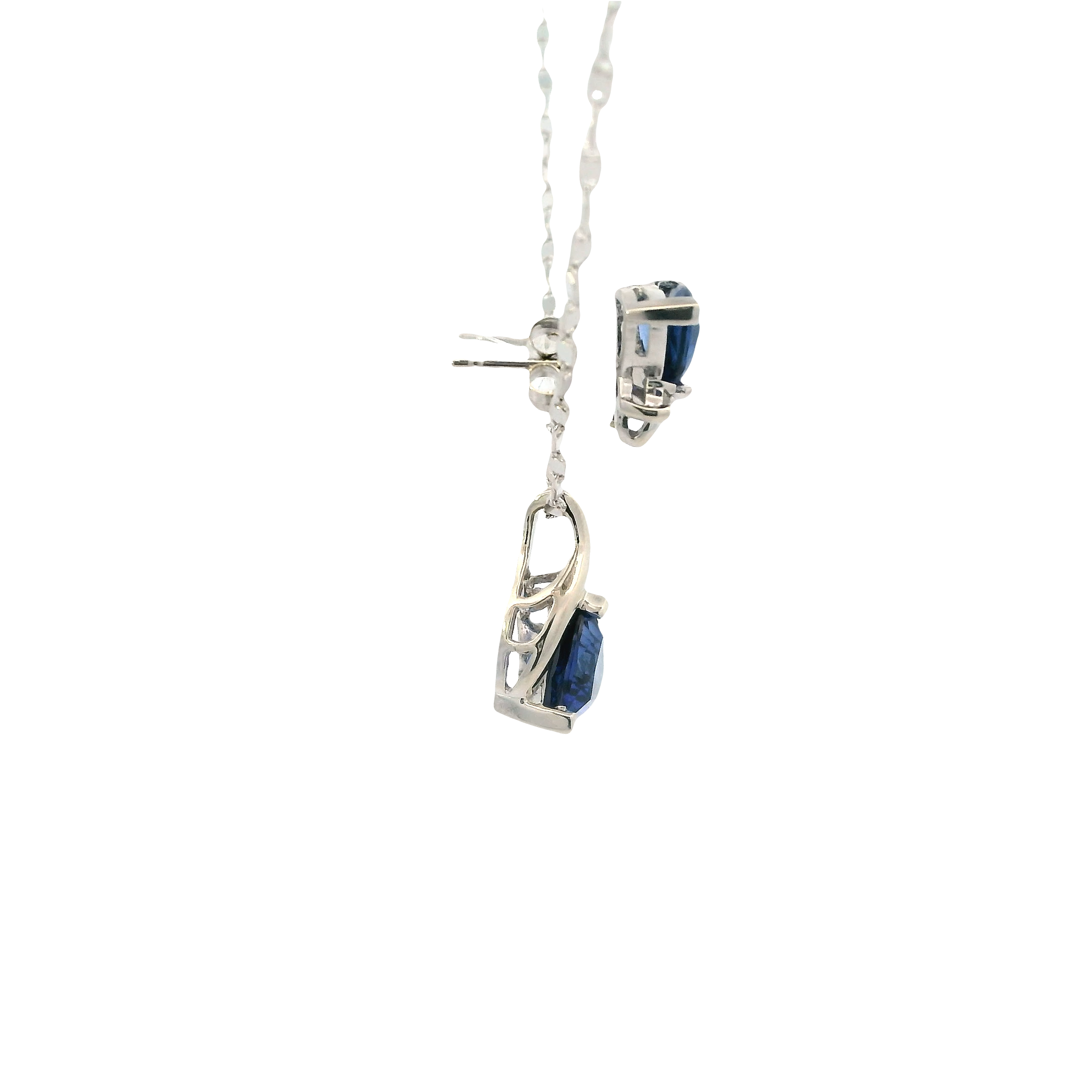 14K White Gold Trillion Blue Sapphire & Diamond Matching Earring, Pendant, And Ring Set -0.03ct
