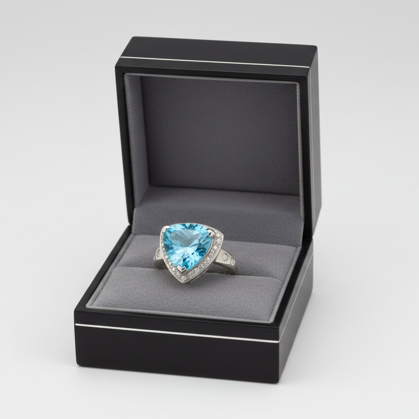 14K White Gold Trillion Blue Topaz & Diamond Women's Ring - 0.19ct