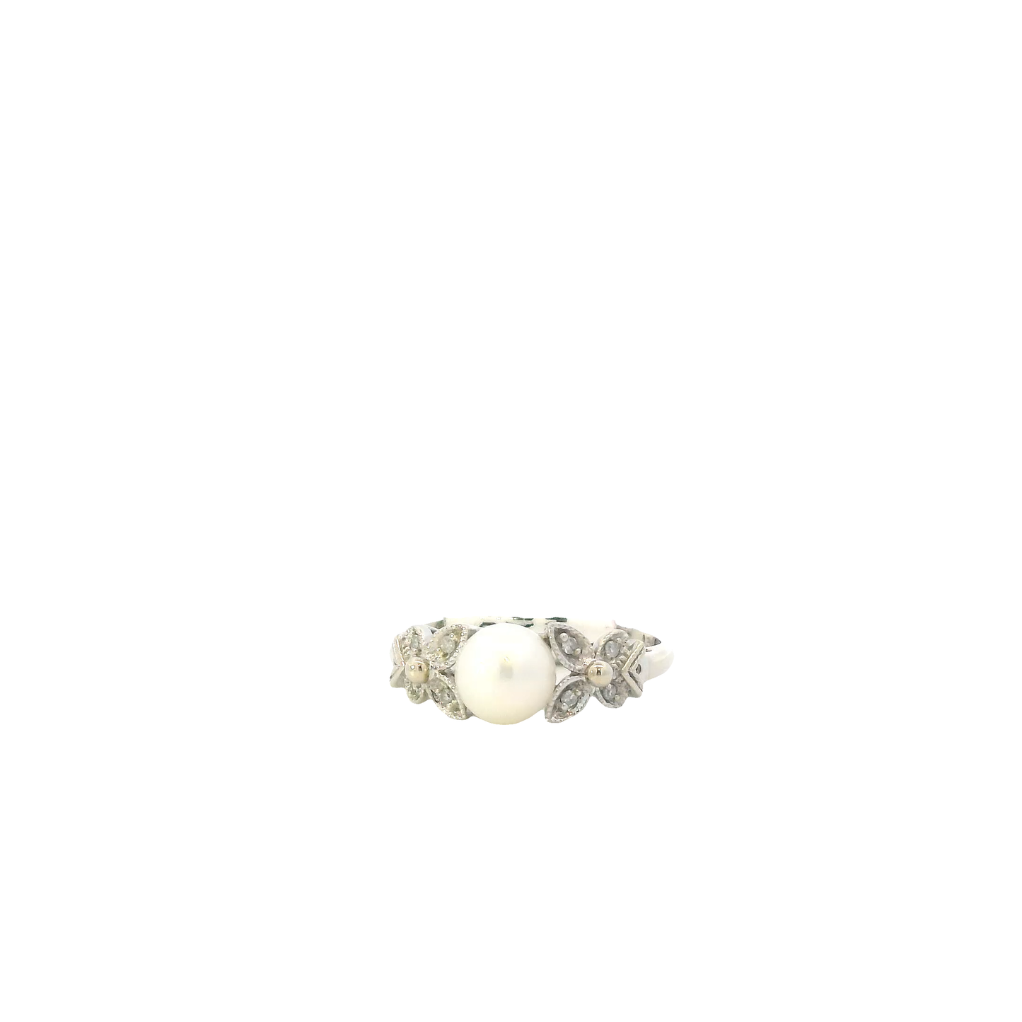 14K White Gold Akoya Pearl & Diamond Butterfly Women's Ring - 0.06ct