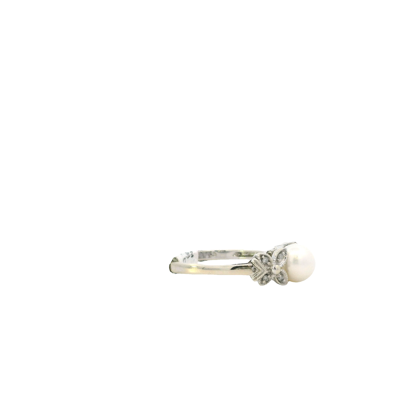 14K White Gold Akoya Pearl & Diamond Butterfly Women's Ring - 0.06ct
