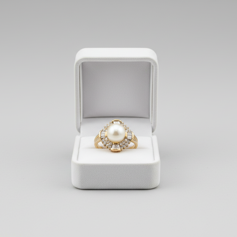 10K Yellow Gold Akoya Pearl & Diamond Women's Ring -0.64ct