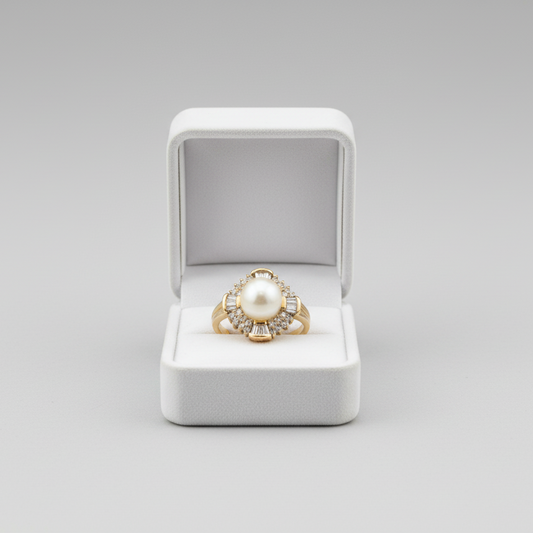 10K Yellow Gold Akoya Pearl & Diamond Women's Ring -0.64ct