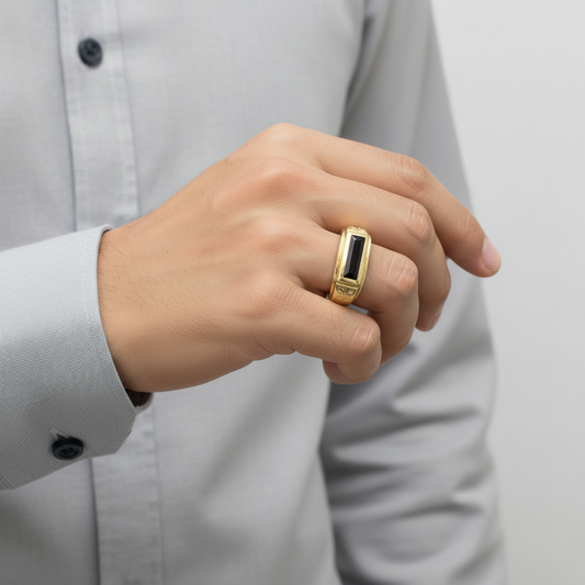 14K Yellow Gold Onyx Nugget Mens Ring