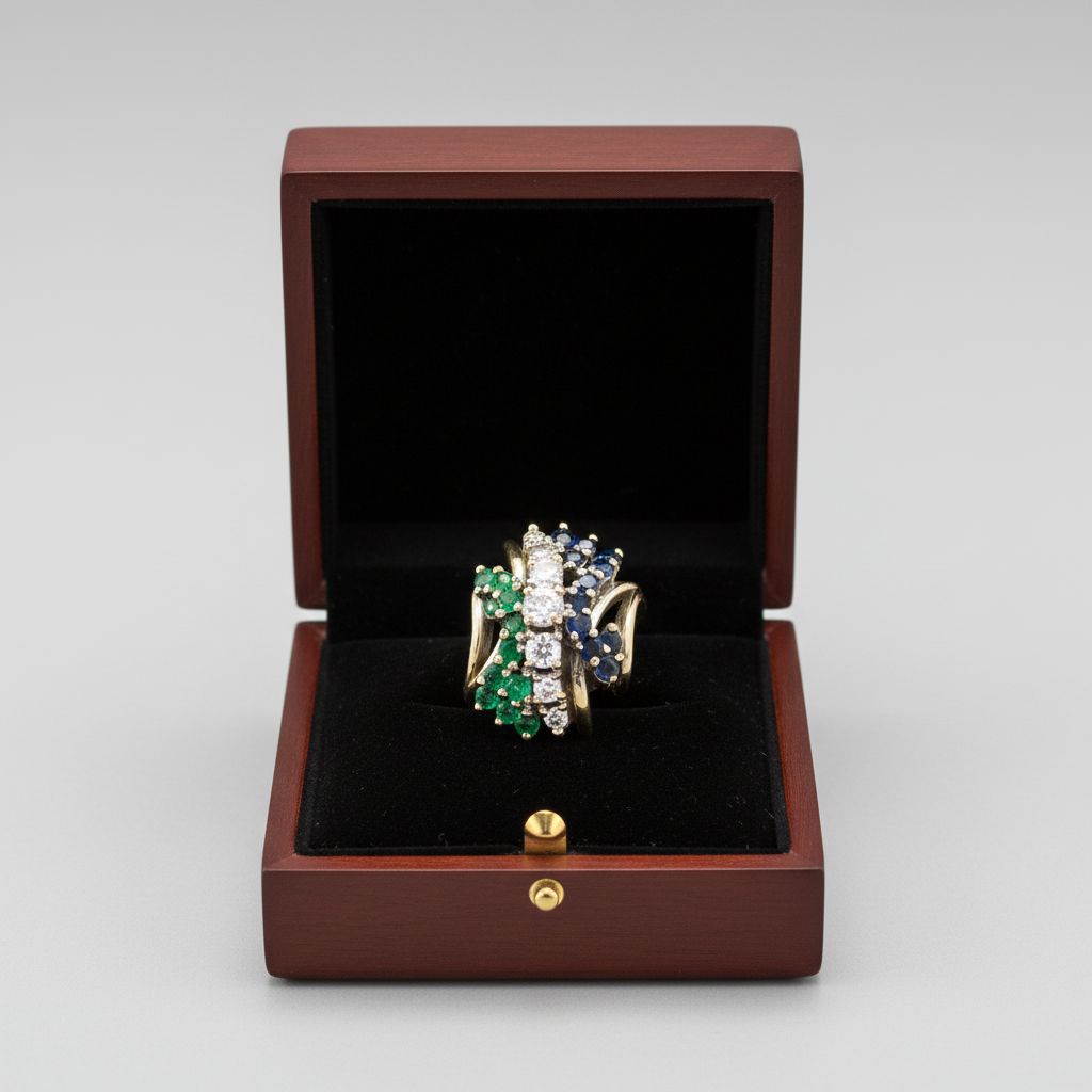 14K White Gold Diamond, Sapphire & Emerald Women's Ring -0.43ct
