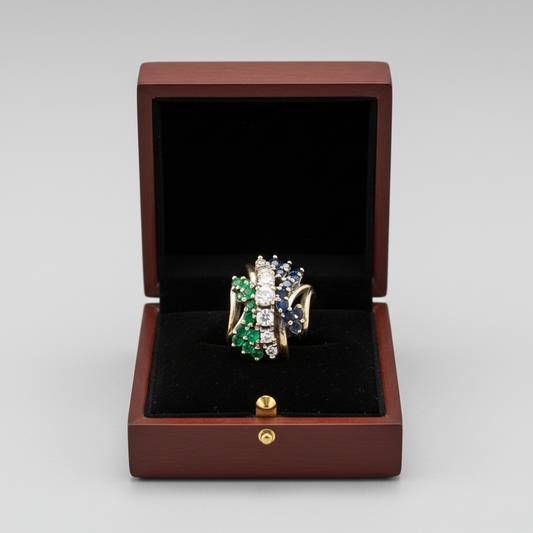 14K White Gold Diamond, Sapphire & Emerald Women's Ring -0.43ct