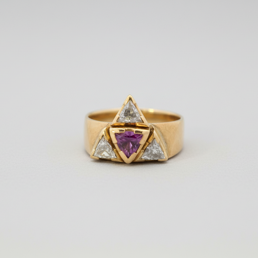 14K Yellow Gold Diamond & Sapphire Triangular Women's Ring - 0.75ct