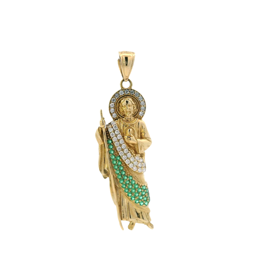 14K Yellow Gold Green & White CZ Saint Jude Religious Pendant