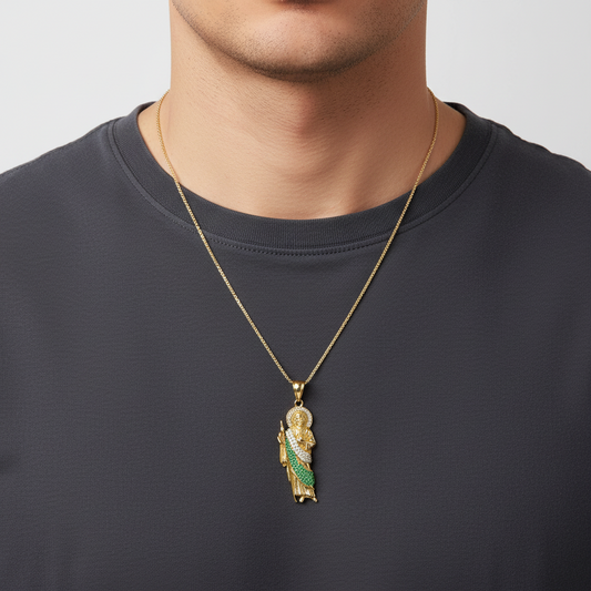 14K Yellow Gold Green & White CZ Saint Jude Religious Pendant
