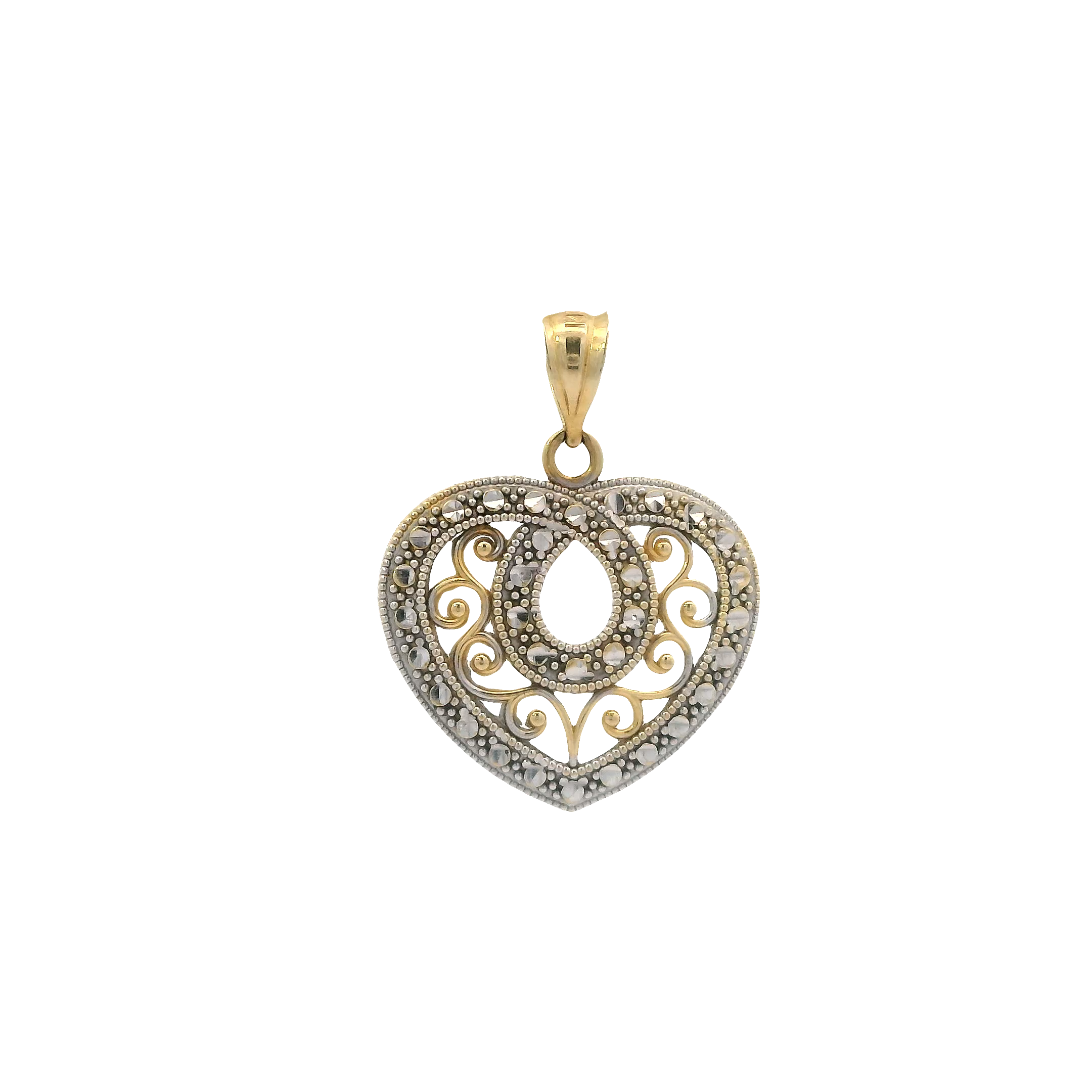 14K Yellow & White Gold Diamond Cut Filigree Heart Pendant