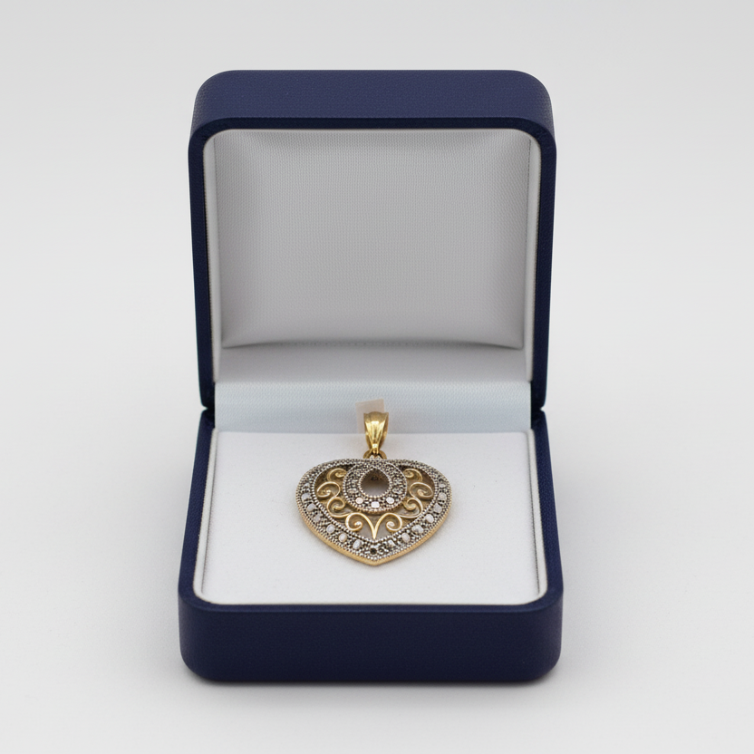 14K Yellow & White Gold Diamond Cut Filigree Heart Pendant