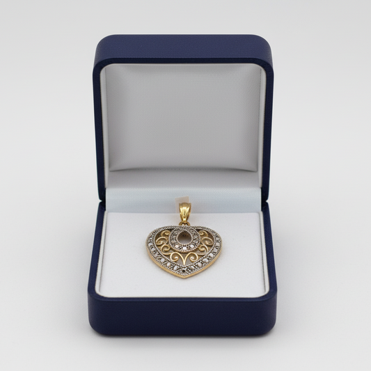 14K Yellow & White Gold Diamond Cut Filigree Heart Pendant