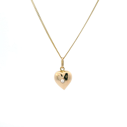 18K Yellow Gold Pearl Heart Pendant & Curb Chain Set
