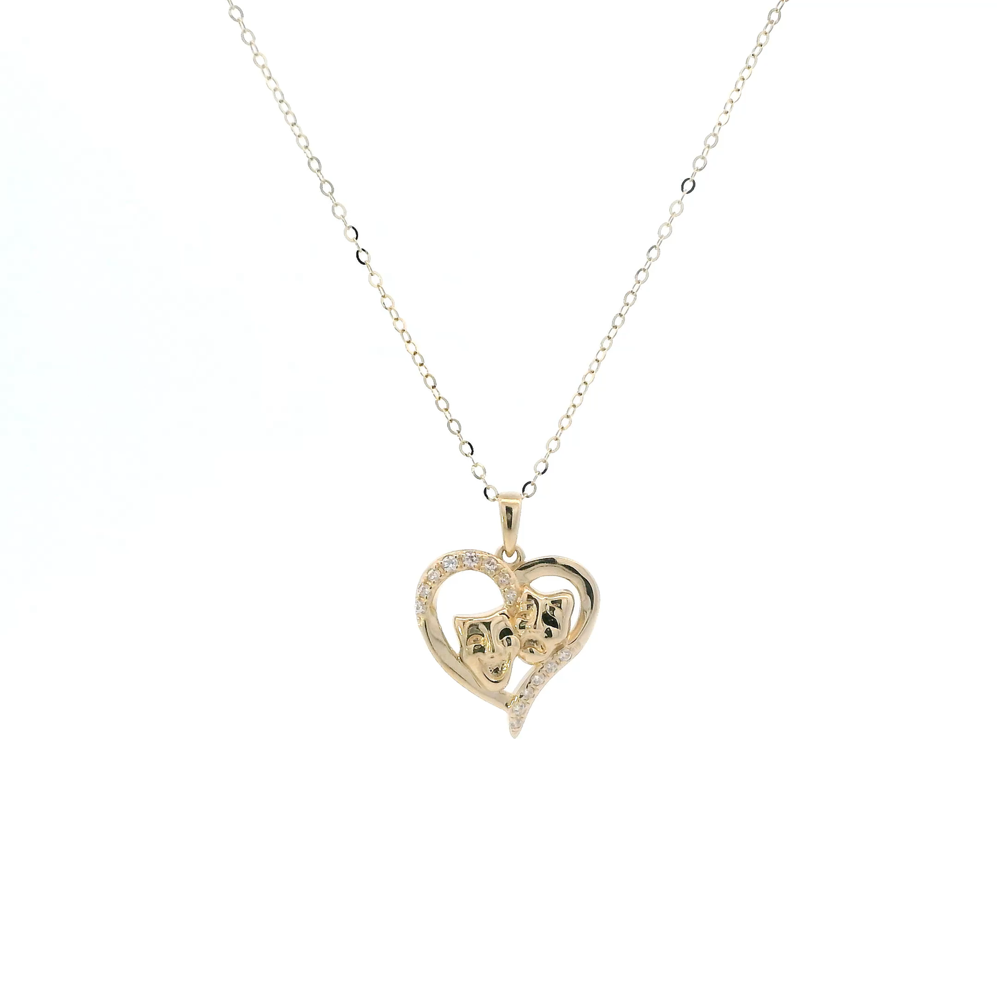 14K Yellow Gold Comedy/Tragedy Mask Heart Pedant & 18" Cable Chain