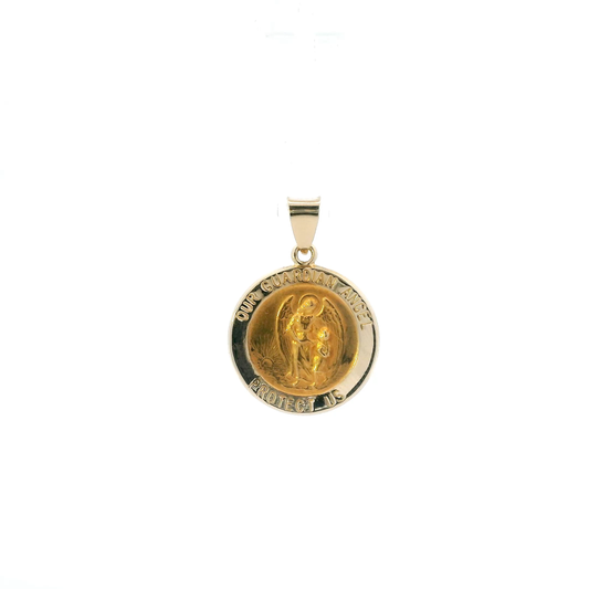 14K Yellow Gold Round "Our Guardian Angel Protect Us" Pendant
