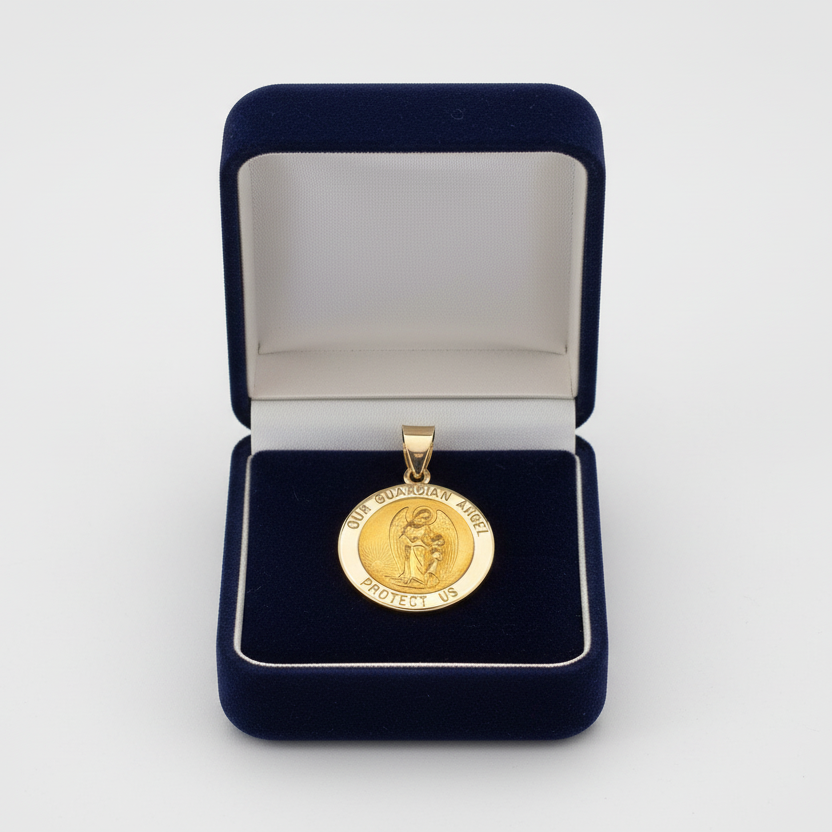 14K Yellow Gold Round "Our Guardian Angel Protect Us" Pendant