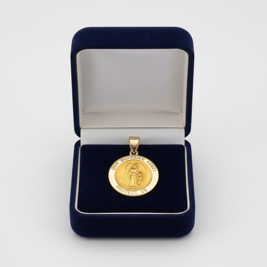 14K Yellow Gold Round "Our Guardian Angel Protect Us" Pendant