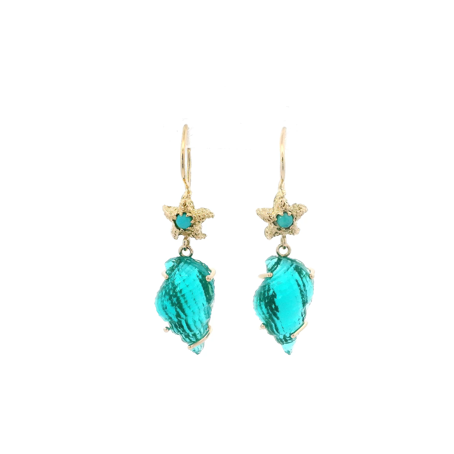 14K Yellow Gold Starfish & Teal Glass Shell Dangle Earrings