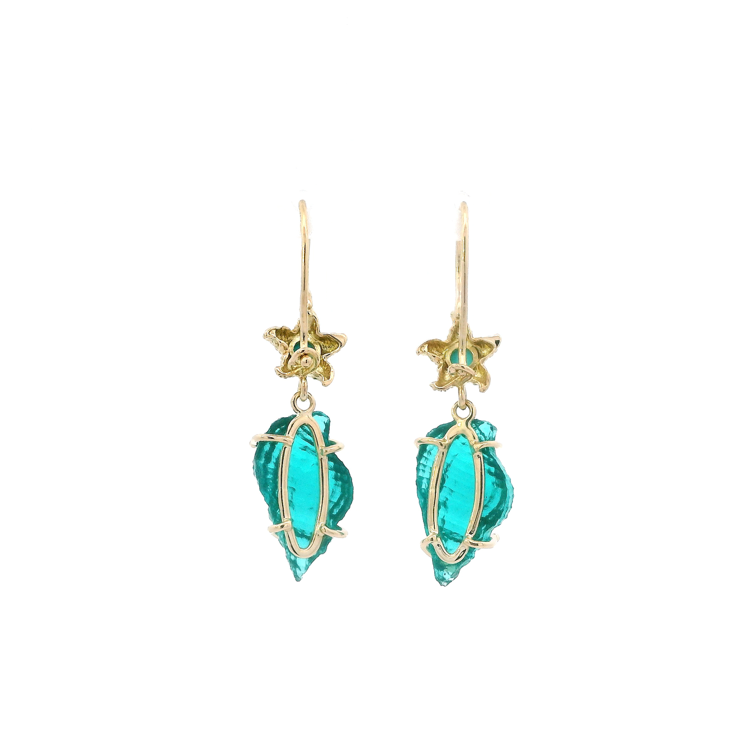 14K Yellow Gold Starfish & Teal Glass Shell Dangle Earrings