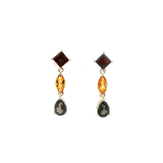 14K Yellow Gold Garnet, Citrine & Smokey Quartz Earrings