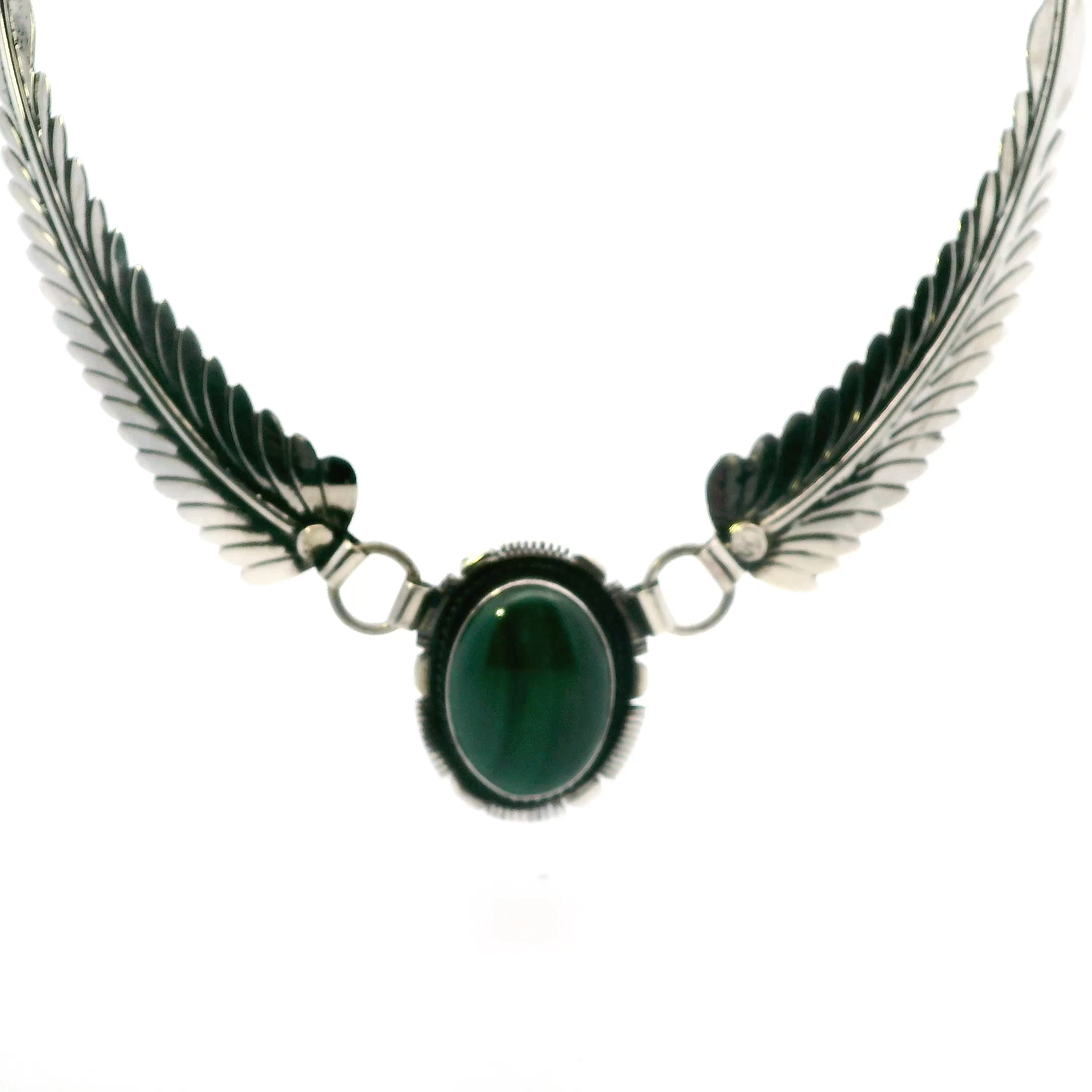 Sterling Silver Native American Oval Malachite Feather Motif Necklace