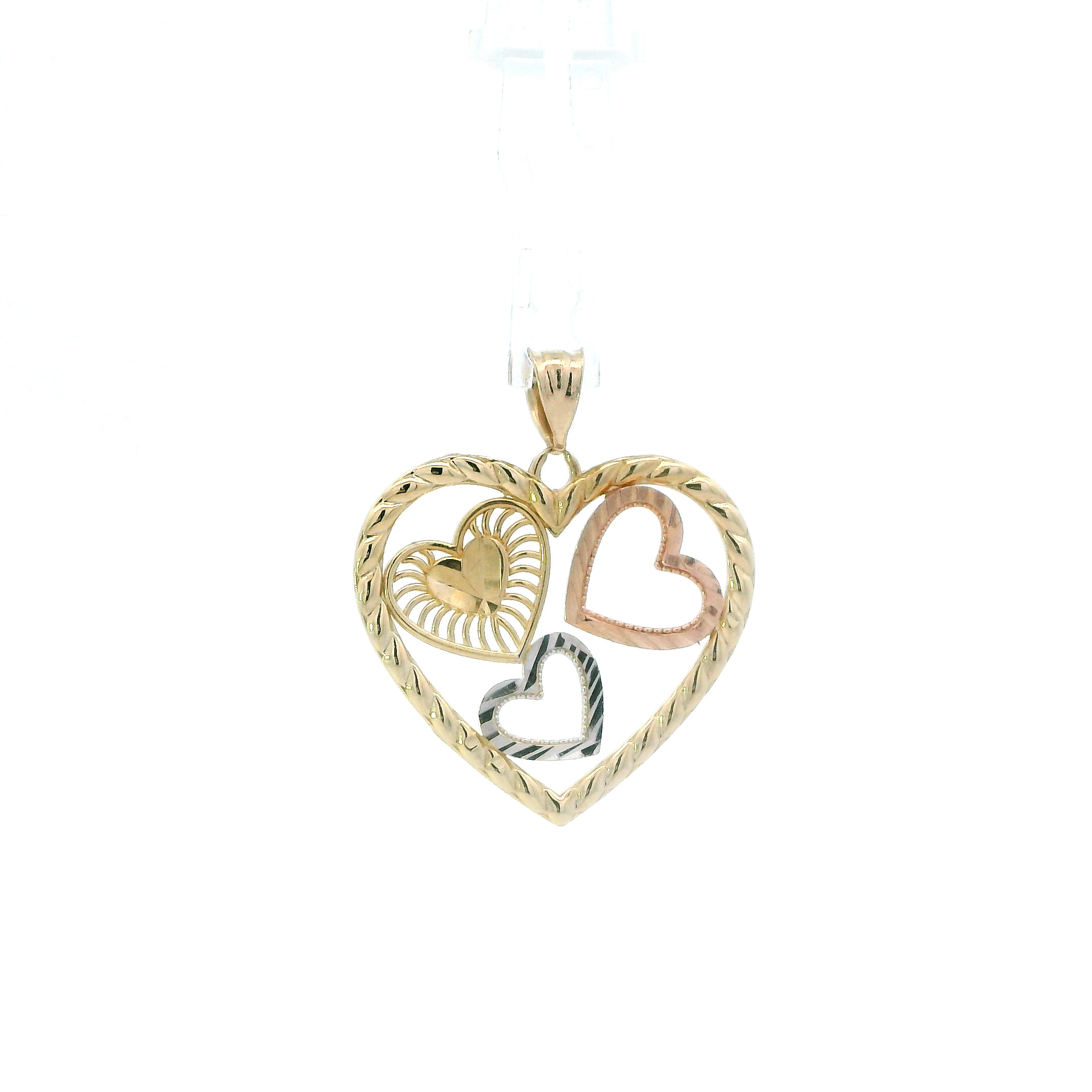 14K Tri Color Diamond Cut Hearts In Heart Pendant