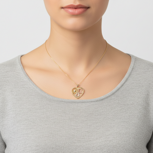 14K Tri Color Diamond Cut Hearts In Heart Pendant