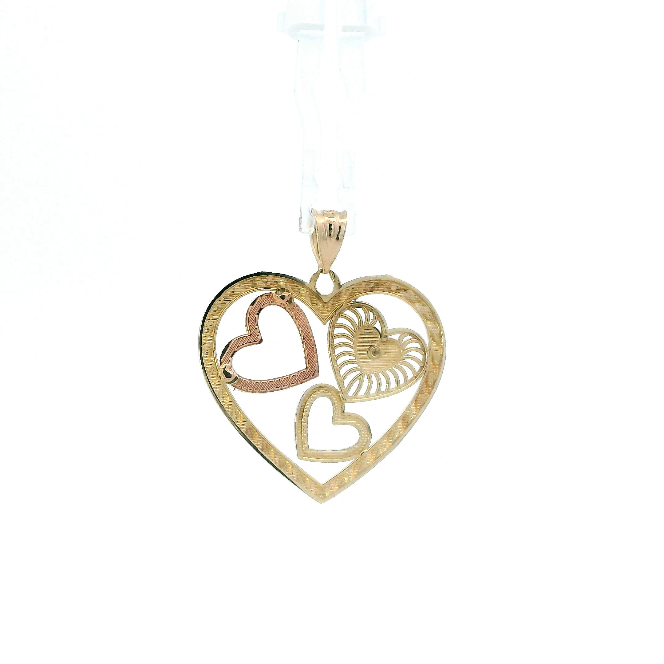 14K Tri Color Diamond Cut Hearts In Heart Pendant