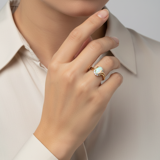 14K Yellow Gold Opal & Diamond Women's Ring