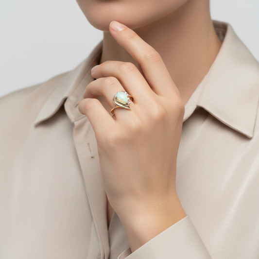 14K Yellow Gold Opal & Diamond Women's Ring