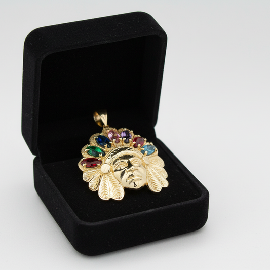 10K Yellow Gold Muti Color Stone Native American Head Pendant