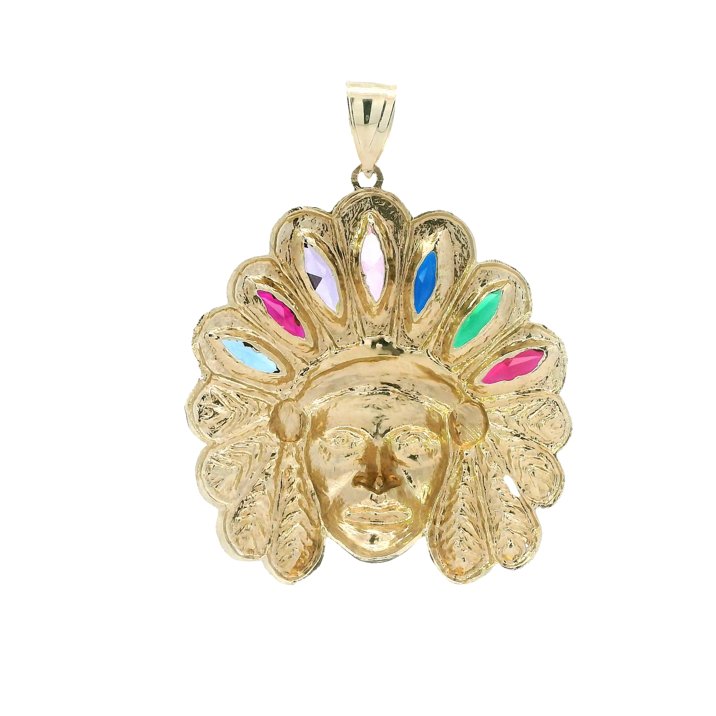 10K Yellow Gold Muti Color Stone Native American Head Pendant