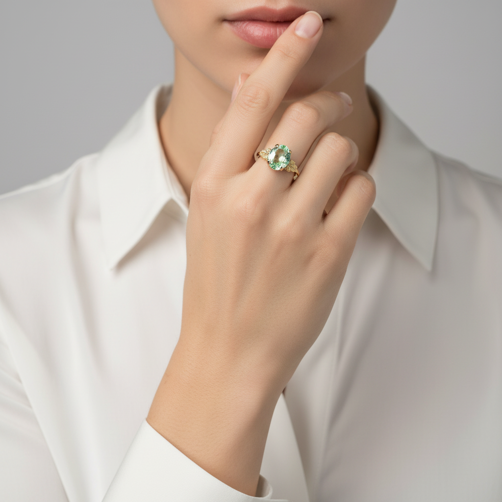 10K Yellow Gold Oval Green Quartz Women's Ring