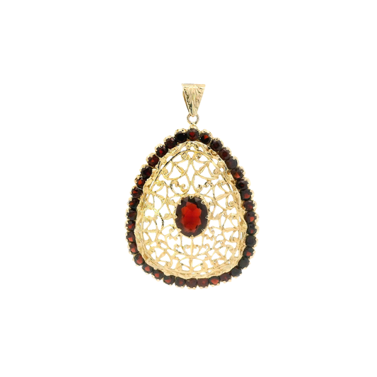 18K Yellow Gold Garnet Filigree Pear Pendant