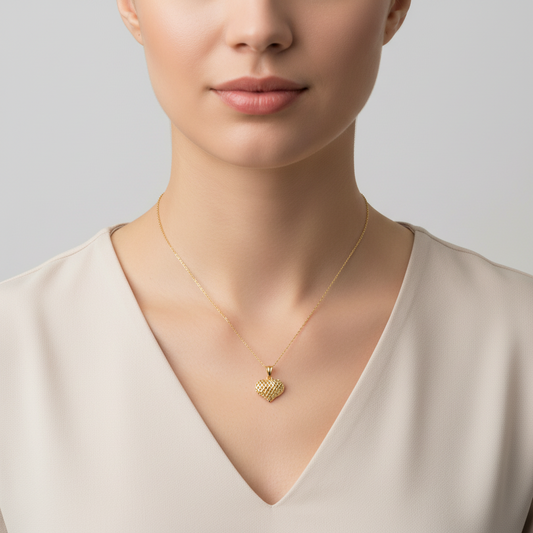 14K Yellow Gold Lattice Puff Heart Pendant