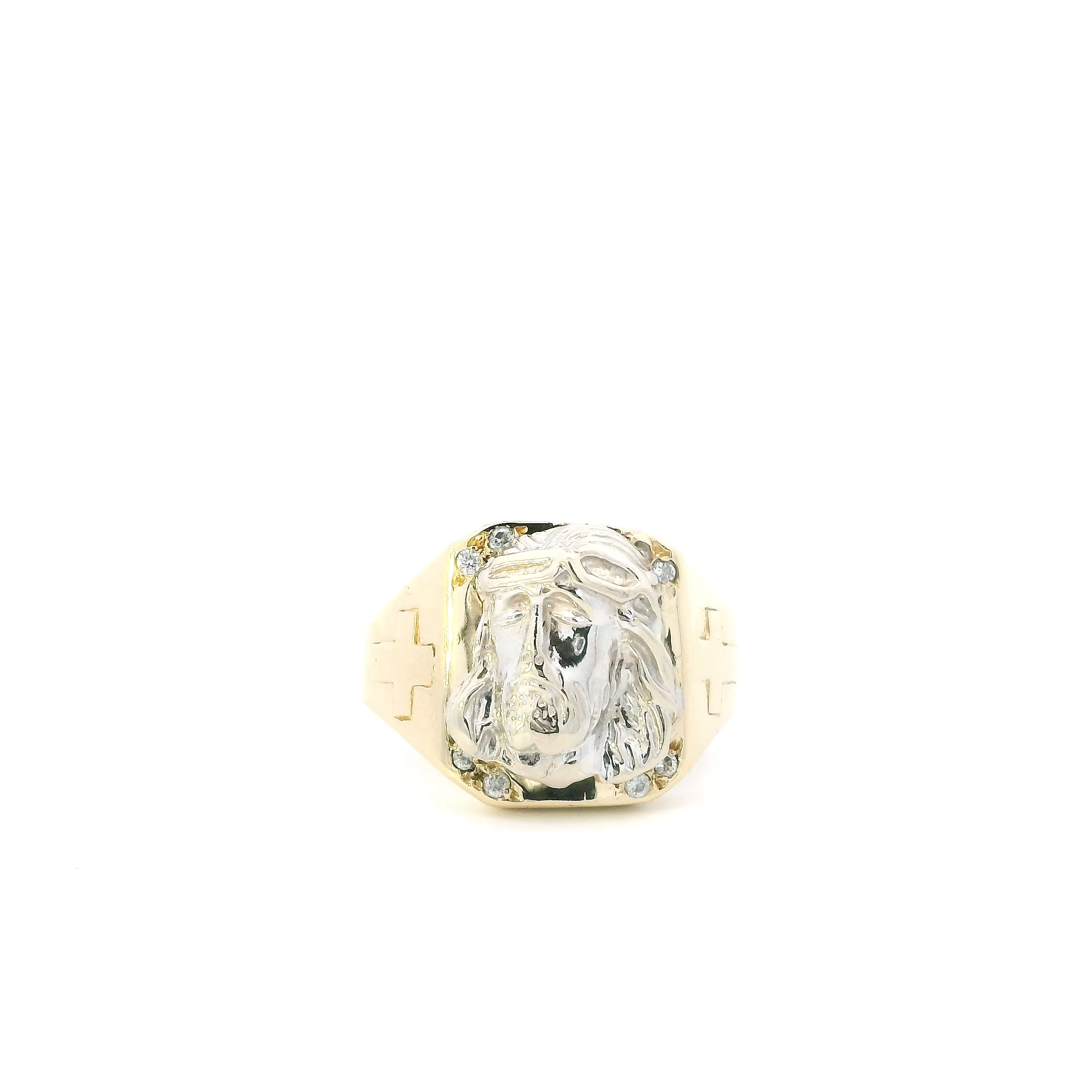 14K Yellow & White Gold Jesus Face & Cross Men's Ring