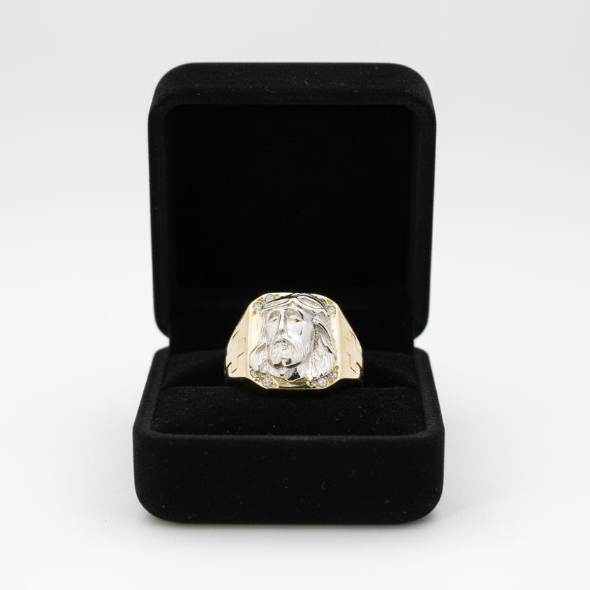 14K Yellow & White Gold Jesus Face & Cross Men's Ring